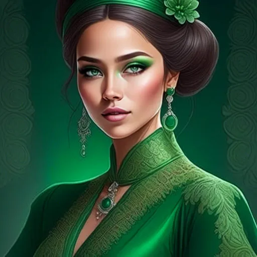 Prompt: <mymodel>Detailed illustration of a asian woman in vibrant green attire, large vivid green eyes, elegant makeup, digital painting, high resolution, realistic style, vibrant green, professional lighting