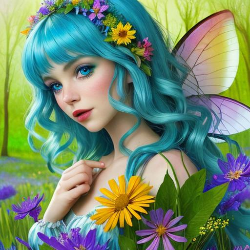 Prompt: a fairy of spring, ,wildflowers, vivid colors,  facial closeup