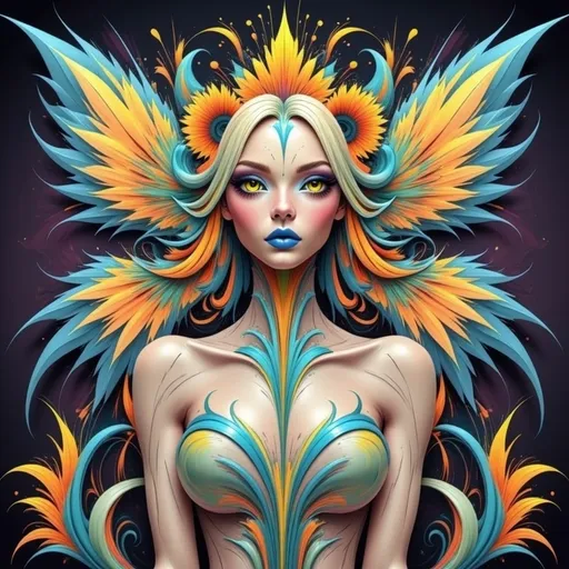 Prompt: Beautiful  hybrid woman with orange flowers sprouting from her, oil painting, detailed fiery eyes, ethereal glow, dark and mysterious, high quality, vibrant colors, surreal, haunting, intricate floral details, intense gaze, mystical atmosphere, oil painting, demon, hybrid, fiery eyes, ethereal, vibrant colors, surreal, haunting, floral details, intense gaze, mystical atmosphere