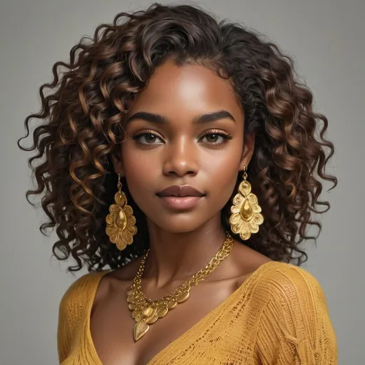 Prompt: A striking portrait captures a young black woman with radiant curls that cascade in golden waves, framing her face with a soft yet defined elegance. Her smooth skin glows with a warm complexion, accentuated by subtle, skillful makeup that highlights her expressive eyes and full lips. Adorned with intricate gold jewelry, including large teardrop earrings and a matching necklace, she exudes a sense of sophistication and charm. The blurred greenery in the background hints at an outdoor setting, evoking a serene, natural atmosphere that complements her beauty. This image conveys a captivating blend of confidence and grace, inviting admiration and intrigue.