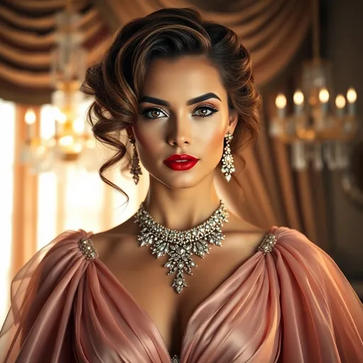 Prompt: Radiating elegance, a striking woman adorned in an opulent, blush-colored gown captivates with her look, featuring lavish embellishments that accentuate her neckline. Her cascading, curled hair frames a delicately made-up face, where vibrant red lips and carefully shaped brows enhance her piercing gaze. Set against a backdrop of sumptuous drapery and a gleaming chandelier, the scene conveys a sense of luxury and sophistication, with soft lighting creating a warm ambiance. The intricate detailing of her jewelry and the flowing fabric of her attire add layers of richness, painting a narrative of refined beauty and grace. The atmosphere feels both regal and intimate, inviting the viewer into a world of high fashion and charm.