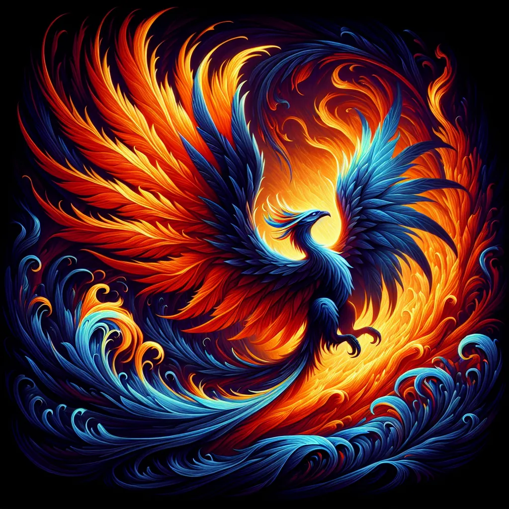 Prompt: a phoenix with orange and blue wings on a black background with fire and smoke around it's wings, Chris LaBrooy, fantasy art, p, computer graphics