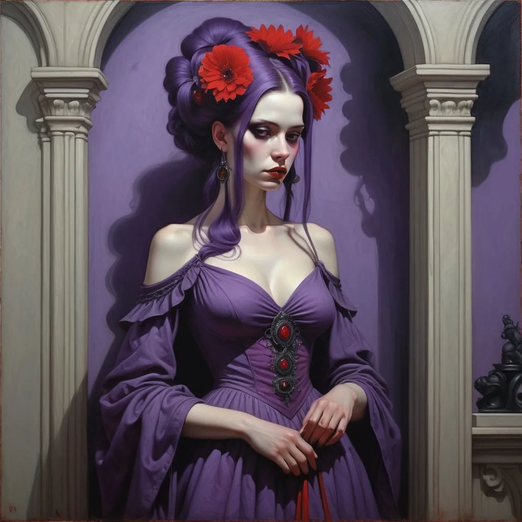 Prompt: a woman in a purple dress with a red flower in her hair, Art of Brom, gothic art, highly detailed oil painting, an ultrafine detailed painting