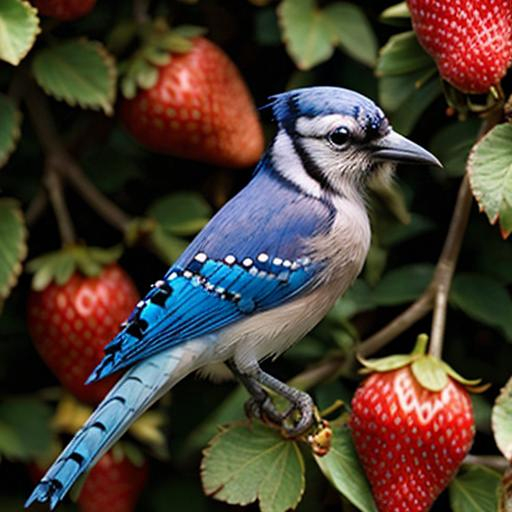 Prompt: a bluejay sitting on a blooming strawberry bush, flowers, blue background