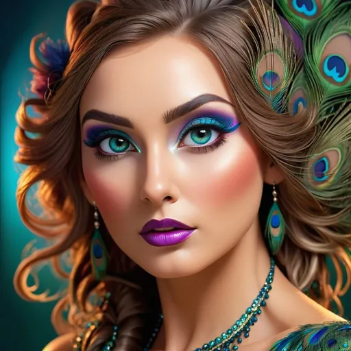 Prompt: Gorgeous woman with beautiful makeup and hair, peacock feathers in her hair, high-quality, detailed, realistic, elegant, vibrant colors, professional makeup, glamorous lighting, 4k resolution, portrait, detailed facial features, luxurious, exotic, peacock feathers, elegant hairstyle, stunning makeup, beauty shot