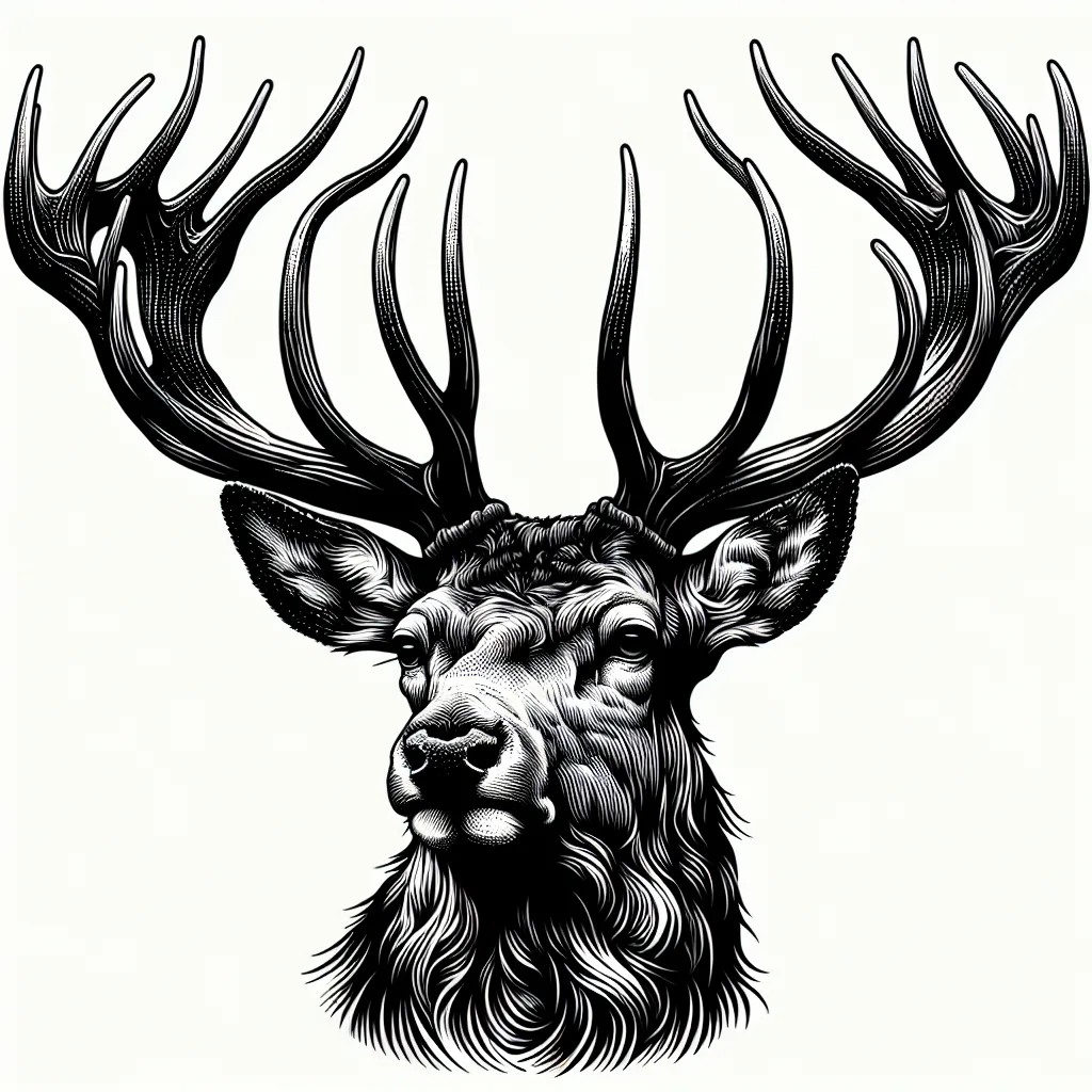 Prompt: a deer's head with antlers on a white background illustration of a deer's head with antlers on a white background, Dan Hillier, modern european ink painting, behance hd, vector art