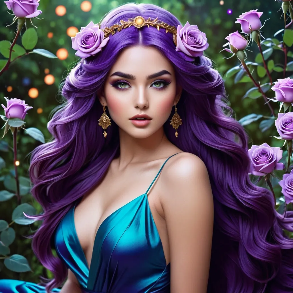 Prompt: Cosmic Epic Beauty, Beautiful and Gorgeous, purple roses in hair