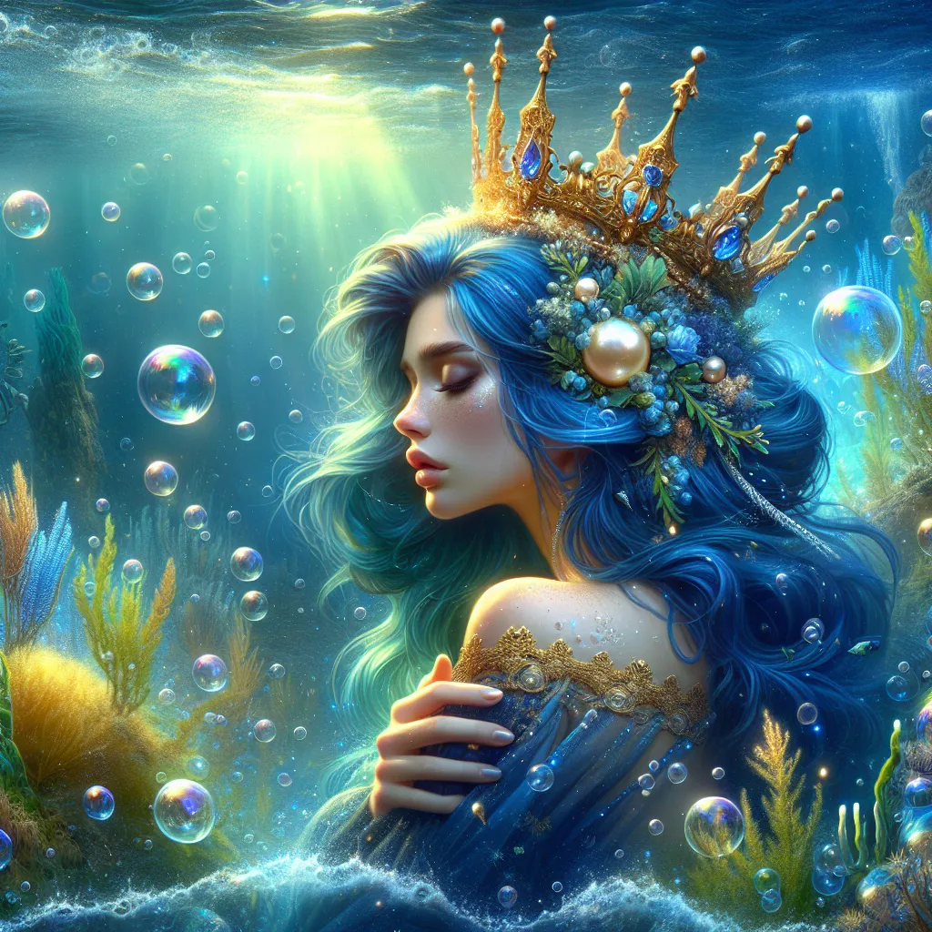 Prompt: a woman with blue hair wearing a gold crown under water with bubbles and bubbles around her head, with a pearl in her hair, Charlie Bowater, fantasy art, ocean, a photorealistic painting