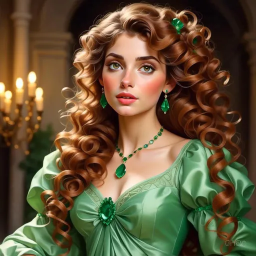 Prompt: <mymodel>Detailed illustration of a woman in vibrant green attire, large vivid green eyes, elegant makeup, digital painting, high resolution, realistic style, vibrant green, professional lighting