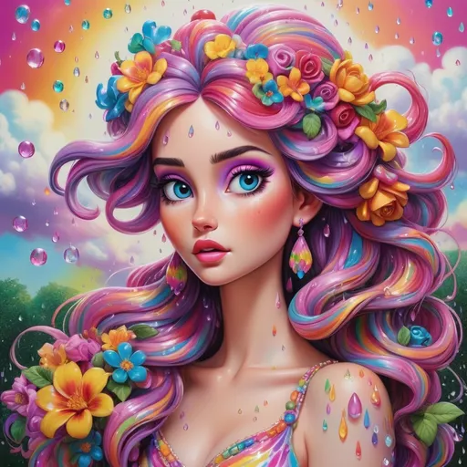 Prompt: A beautiful and colourful Persephone whose hair is made of clouds that rains down flowers made of jewels, while chickadees fly around her; in a photorealistic impressionistic Disney Lisa Frank style out of gel pen