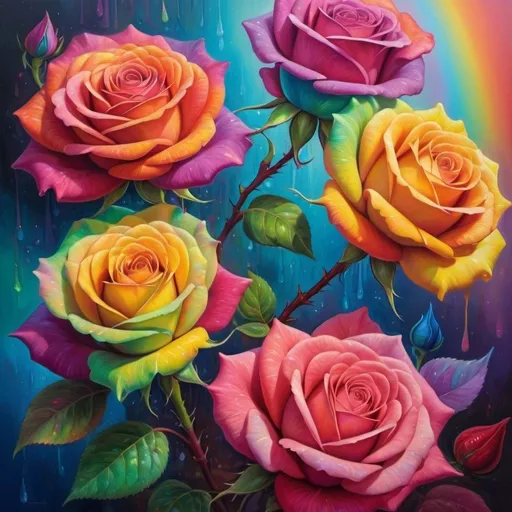 Prompt: Vibrant, surreal rainbow rose blooming in a dreamy fantasy garden, oil painting, intricate petal details, high quality, surrealism, vibrant colors, dreamy lighting, fantasy garden, oil painting, vibrant, surreal, dreamy, high quality, intricate details, colorful, atmospheric lighting