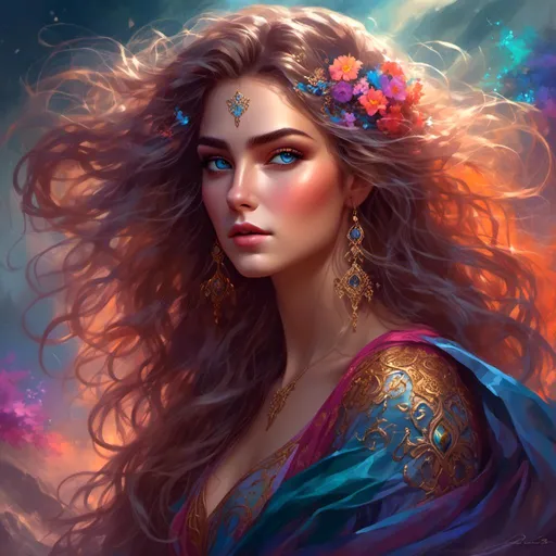 Prompt: <mymodel>Detailed digital painting of a powerful woman, vibrant colors, magical fantasy setting, flowing hair with intricate details, intense and confident expression, ethereal and mystical atmosphere, high quality, digital painting, fantasy, vibrant colors, flowing hair, powerful, confident, mystical, atmospheric lighting