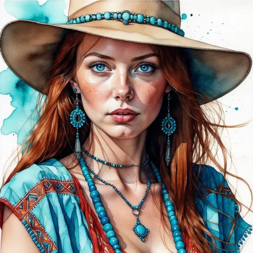 Prompt: <mymodel>watercolor and pen sketch of a beautiful young woman dressed in southwestern style and turquoise jewelry.