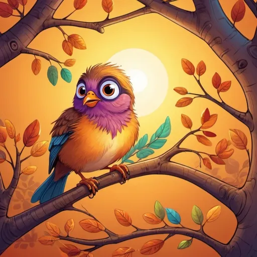 Prompt: Cartoon illustration of a bird in a tree, vibrant colors, warm atmosphere, big expressive eyes, high quality, vibrant colors, cute cartoon, detailed fur, playful, whimsical, warm lighting