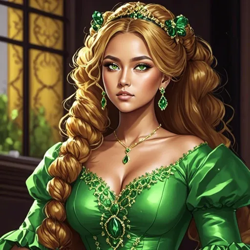 Prompt: <mymodel>Detailed illustration of a woman in vibrant green attire, large vivid green eyes, elegant makeup, digital painting, high resolution, realistic style, vibrant green, professional lighting