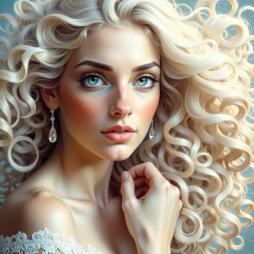 Prompt: (woman with platinum hair and blue eyes), striking facial features, (intense gaze), flowing hair illuminated by soft light, ethereal beauty, elegant pose, dreamy background, delicate colors, tranquil ambiance, (highly detailed), enchanting atmosphere, soft focus, ultra-detailed, cinematic depth, visually captivating masterpiece.