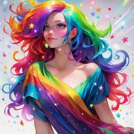 Prompt: a woman with colorful hair and a rainbow dress on her body, with stars in the background and a rainbow - colored hair, Artgerm, fantasy art, rossdraws global illumination, a character portrait