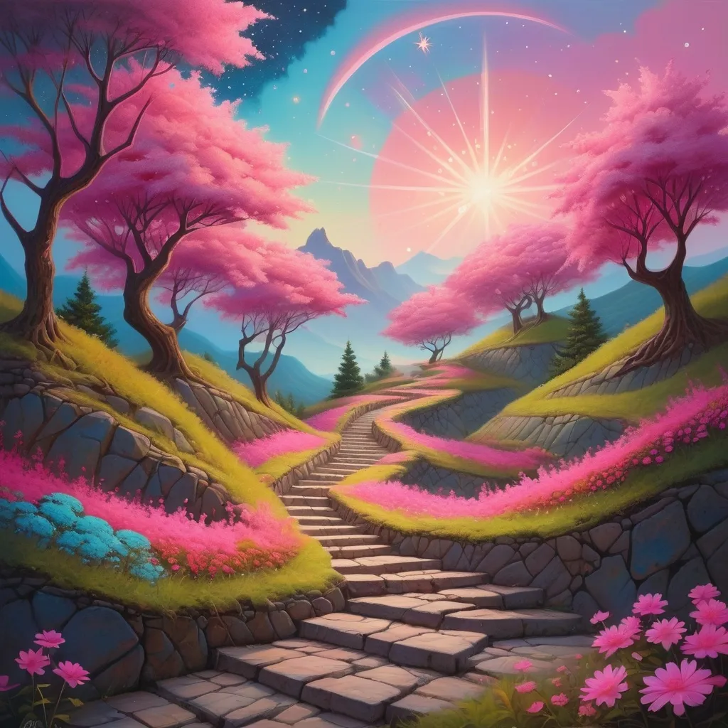 Prompt: a  quirky, colorful painting of a pathway leading to a star filled sky with pink flowers and trees on the side of a mountain, Chris LaBrooy, fantasy art, fantasy artwork, an oil painting