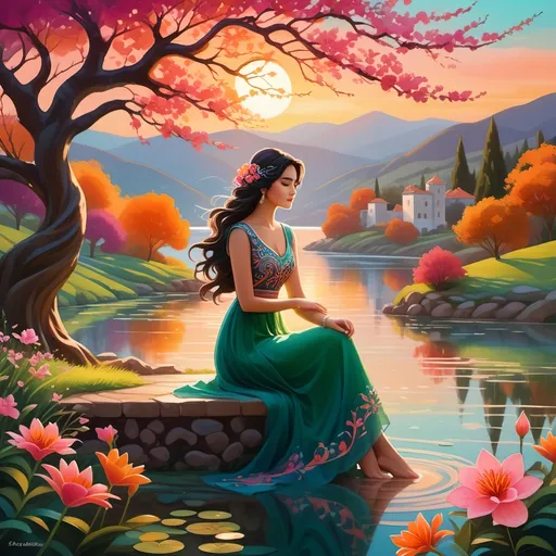 Prompt: A beautifully crafted scene unfolds, showcasing a serene woman seated gracefully beside a tranquil lake, her flowing dark hair adorned with a delicate flower. She wears an intricately designed dress that blends vibrant hues of green and blue, reflecting the colors of the rich natural landscape around her. In the background, rolling hills are adorned with whimsical, spiraling trees and vibrant pink and orange flowers, illuminated by the warm glow of a large sun, which radiates against the backdrop of swirling patterns. The overall composition exudes a dreamlike quality with its vivid colors and stylized forms, capturing a moment of harmony between the woman and her enchanting environment, where nature and artistry intertwine seamlessly.
