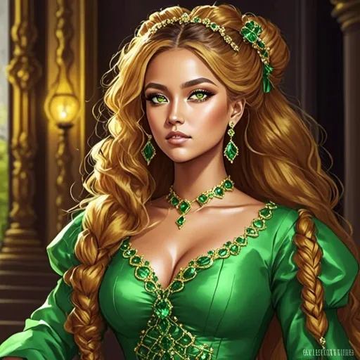 Prompt: <mymodel>Detailed illustration of a woman in vibrant green attire, large vivid green eyes, elegant makeup, digital painting, high resolution, realistic style, vibrant green, professional lighting