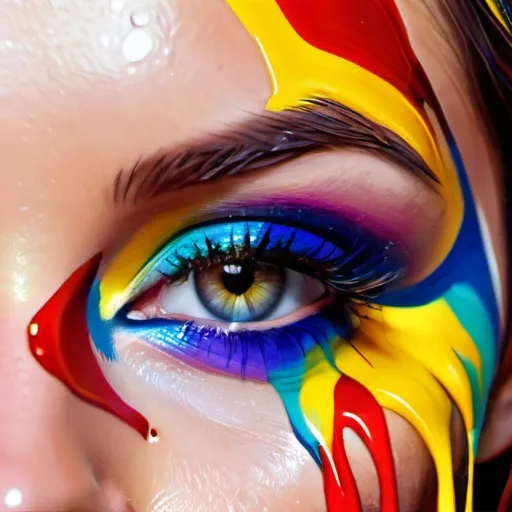 Prompt: Facial closeup of a female face, rainbow paint dripping, vibrant colors, high-definition, detailed, digital painting, close-up, colorful, expressive, rainbow paint drips, intense gaze, professional, vibrant, artistic, surreal, vivid colors, detailed facial features, digital art, high quality