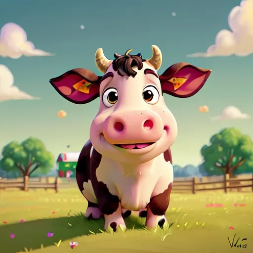 Prompt: Cartoon illustration of a cow, in a pasture, vibrant colors, warm atmosphere, big expressive eyes, high quality, vibrant colors, cute cartoon, detailed fur, playful, whimsical, warm lighting