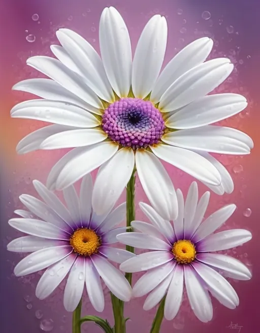 Prompt: Vibrant digital painting of a charming daisy, intricate petal details, fresh and lively colors, soft natural lighting, high quality, digital painting, vibrant colors, detailed petals, fresh, natural lighting