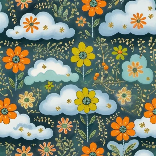 Prompt: Wild flower and clouds in the style of Edward Tingatinga, in a whimsical folk art style with soft blue, pea green, green gold, guava colours