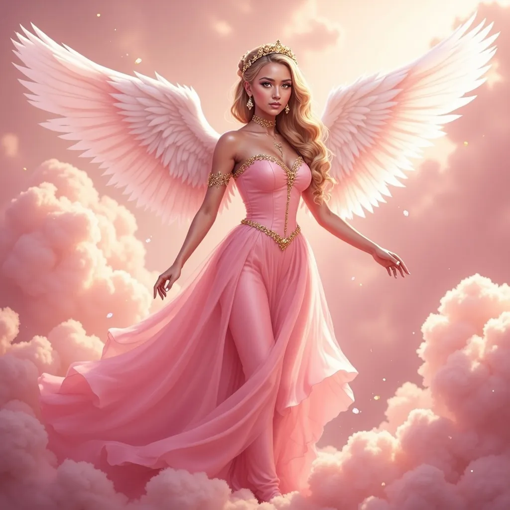Prompt: A woman in a long pink dress, elegant and ethereal, displays majestic wings on her back, softly glowing in the light, surrounded by a dreamy atmosphere, cloudy pink background, delicate pastel tones merging, capturing a feeling of serenity and whimsy, ultra-detailed, high-quality, magical ambiance.