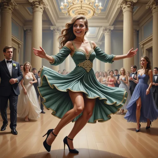 Prompt: In a grand, opulent ballroom illuminated by a sparkling chandelier, a lively dance unfolds, filled with energy and joy. The central figure, a young woman in a stunning turquoise dress with intricate gold detailing, twirls gracefully, her infectious smile radiating happiness as she engages in a spirited dance with a partner. Surrounding her, elegantly dressed guests enjoy the festivities, adorned in flowing gowns and formal attire, accentuating the festive atmosphere. The warm, soft lighting highlights the rich textures of the gowns and the polished wooden floor, creating a dreamlike ambiance that evokes a sense of celebration and enchantment in this vibrant moment of camaraderie and joyful expression.