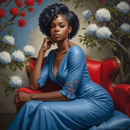 Prompt: a painting of a  black woman in a blue dress sitting on a red chair with a flowered tree in the background, Edwin Georgi, figurative art, highly detailed digital painting, a fine art painting