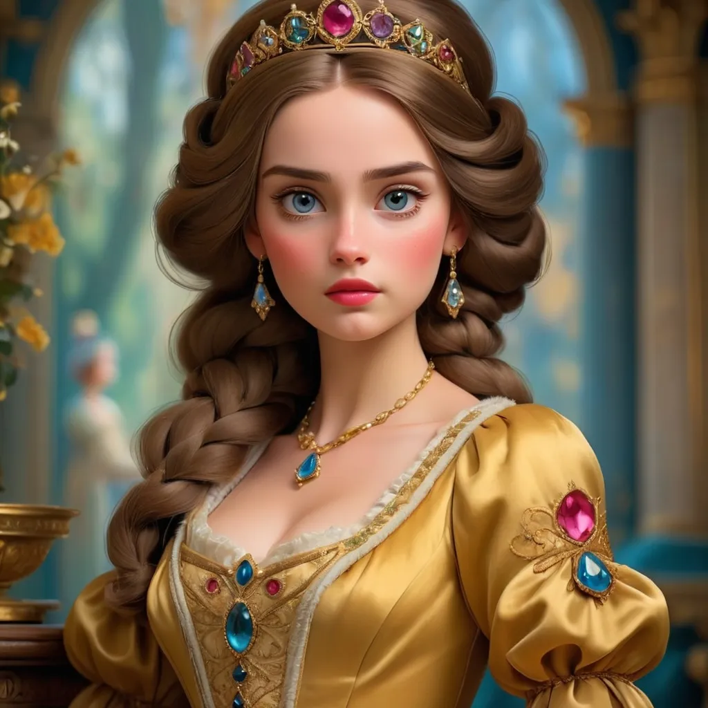 Prompt: portrays beautiful women as historical princesses in sumptuous costumes and settings.