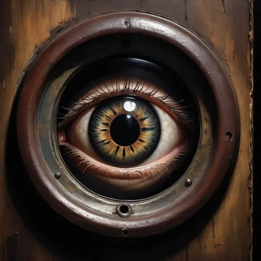 Prompt: Scary eye peering through peephole, dark and eerie, oil painting, intense gaze, high contrast, horror, low-key lighting, dramatic shadows, realistic, haunting, chilling, detailed iris, high quality, dark tones, creepy atmosphere