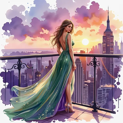 Prompt: This digital artwork depicts a woman standing on a balcony during a stunning sunset. The woman, viewed from behind, has long, wavy brown hair that cascades down her back. She is wearing a flowing, backless, green evening gown adorned with sparkling sequins, which transitions into lighter shades of green and purple towards the hem. The gown has a high slit on the left side, revealing her left leg. She stands on a tiled balcony floor, with her right hand resting on an ornate black metal railing.

In the background, the sky is painted in vibrant hues of purple, pink, and orange as the sun sets, casting a warm glow over the cityscape. The sun is partially obscured by clouds, creating a radiant halo effect. The city below is filled with tall buildings, with the tallest one on the right side resembling the Empire State Building. The buildings are outlined in dark purple and black, contrasting with the bright sunset colors.

The overall style of the artwork is a blend of realism and fantasy, with a romantic and dreamy atmosphere. The textures of the woman's dress and the cityscape are detailed, while the sky and clouds are more abstract, adding to the ethereal quality of the image.