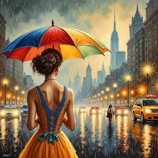Prompt: a woman in a colorful dress holding an umbrella on a city street in the rain with a city skyline in the background, Edwin Georgi, figurative art, highly detailed digital painting, a photorealistic painting
