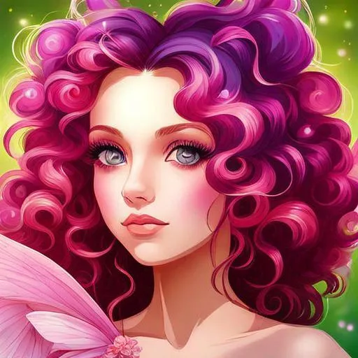 Prompt: a young fairy of spring, very curly hair, pink glow on cheeks,wildflowers, vivid colors, closeup