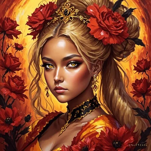 Prompt: <mymodel>Nataasha-Beautiful woman with flowers, oil painting, detailed fiery eyes, ethereal glow, dark and mysterious, high quality, vibrant colors, surreal, haunting, intricate floral details, intense gaze, mystical atmosphere, oil painting, demon, hybrid, fiery eyes, ethereal, vibrant colors, surreal, haunting, floral details, intense gaze, mystical atmosphere