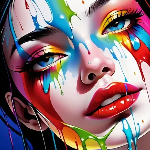 Prompt: Facial closeup of a female face, rainbow paint dripping, vibrant colors, high-definition, detailed, digital painting, close-up, colorful, expressive, rainbow paint drips, intense gaze, professional, vibrant, artistic, surreal, vivid colors, detailed facial features, digital art, high quality