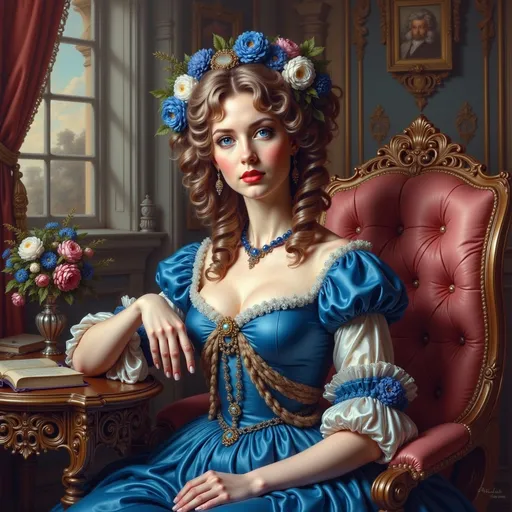 Prompt: a woman in a blue dress sitting at a table. Anne Stokes, fantasy art, highly detailed digital painting, a storybook illustration