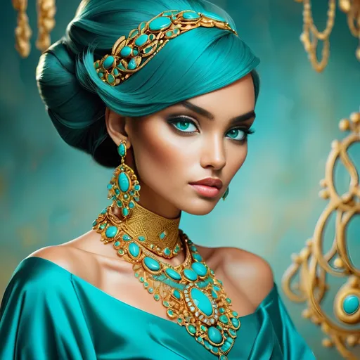 Prompt: <mymodel>ooo bi An extremely gorgeous woman,  with turquoise jewels, in color scheme of turquoise and gold