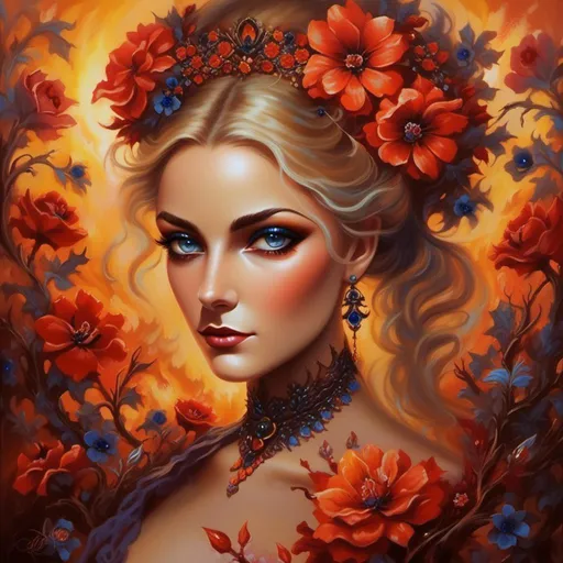 Prompt: <mymodel>Nataasha-Beautiful woman with flowers, oil painting, detailed fiery eyes, ethereal glow, dark and mysterious, high quality, vibrant colors, surreal, haunting, intricate floral details, intense gaze, mystical atmosphere, oil painting, demon, hybrid, fiery eyes, ethereal, vibrant colors, surreal, haunting, floral details, intense gaze, mystical atmosphere