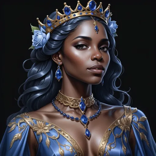 Prompt: a stunning dark skinned black woman with a crown on her head and a necklace on her neck of sapphires, in a blue dress with flowers, Anne Stokes, fantasy art, highly detailed digital painting, a detailed painting