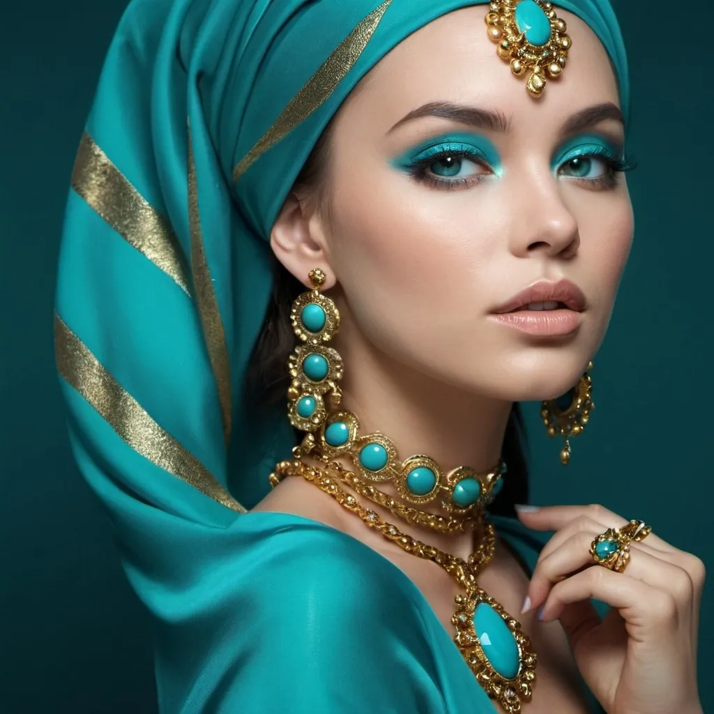 Prompt: <mymodel>An extremely gorgeous woman,  with turquoise jewels, in color scheme of turquoise and gold