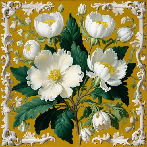 Prompt: a painting of white flowers on a yellow background with a white border around it and a green leafy branch, Ambrosius Bosschaert II, rococo, ornamental, a flemish Baroque