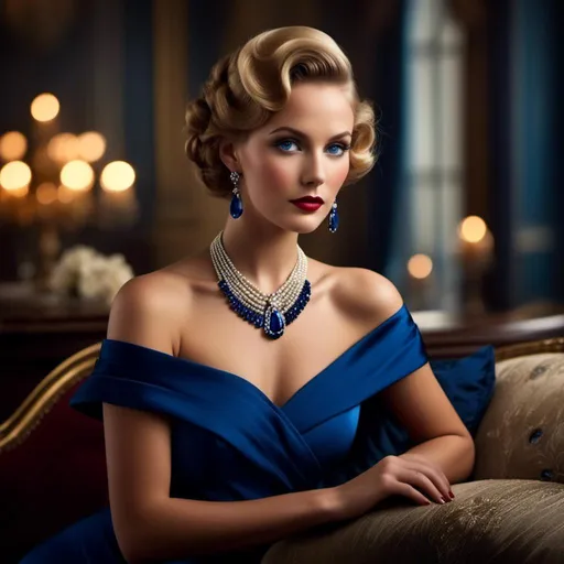 Prompt: <mymodel>Glamorously dressed 1930's lady, sapphire jewelry, blue eyes, vintage glam, luxurious satin gown, elegant updo hairstyle, detailed facial features, high-quality, vintage, glamorous, detailed sapphire jewelry, sophisticated makeup, atmospheric lighting, deep blue color tones, classic Hollywood style