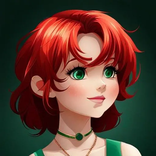 Prompt: A pretty girl with red hair wearing emerald green