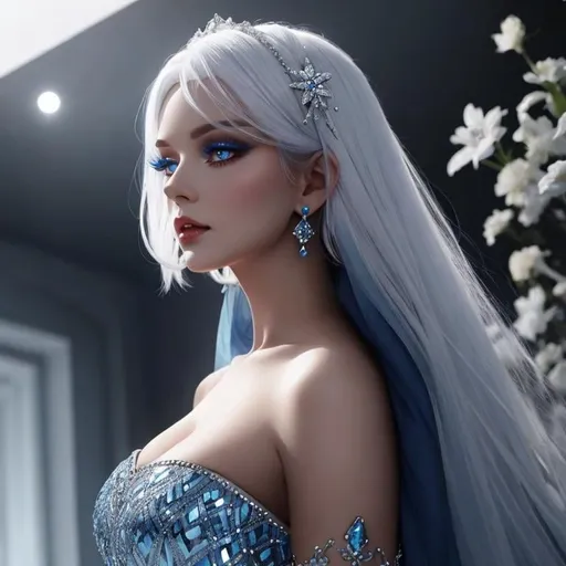 Prompt: A beautiful woman, white hair, blue eyes, blue eyeshadow, blue jewels o