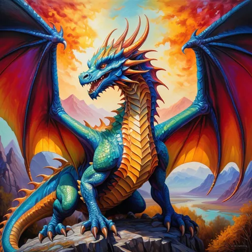 Prompt: Vibrant oil painting of a mystical dragon, rich and textured brushstrokes, majestic wingspan, fierce gaze with piercing eyes, scales shimmering in the sunlight, sprawling fantasy landscape, epic and majestic, oil painting, fantasy, vibrant color palette, textured details, high quality, majestic dragon, mystical, epic fantasy, vibrant colors, detailed wings, professional lighting