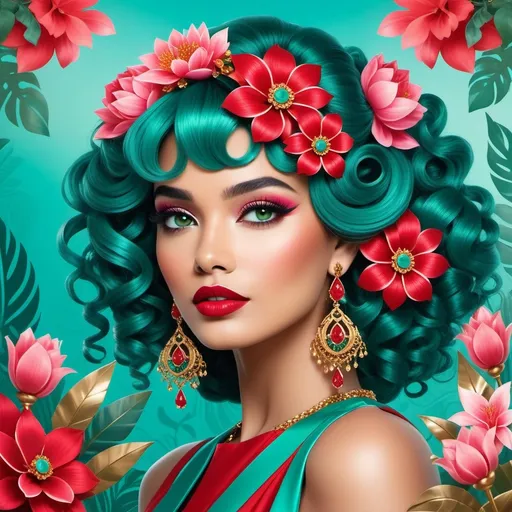 Prompt: Radiating a captivating blend of beauty and artistry, the image features a striking woman adorned with vibrant, curly teal hair, intricately intertwined with lush red and pink flowers. Her piercing green eyes and bold red lips enhance her exotic allure, while ornate gold earrings with ruby accents dangle elegantly beside her face. Set against a rich turquoise backdrop, the composition is infused with a sense of harmony through floral motifs that elegantly frame her serene expression. The overall ambiance is enchanting, evoking a whimsical yet sophisticated nature, akin to a modern fairy tale. The meticulous detail and vivid color palette create a lively, dreamlike quality, inviting viewers to ponder the delicate balance between nature and femininity.