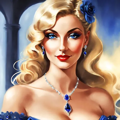 Prompt: Glamorously dressed lady of rhe 1930's wearing sapphire jewelry,blue eyes